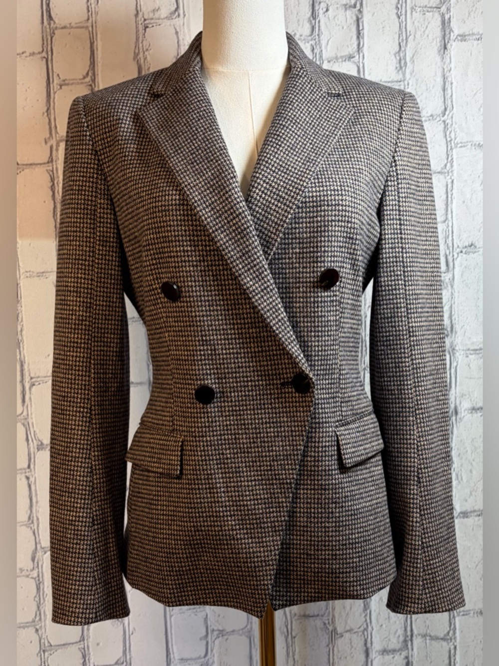 Theory Double-Breasted Houndstooth Blazer in Black and Cream